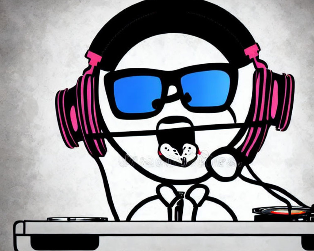 Stylized DJ dog in sunglasses and headphones mixing tracks