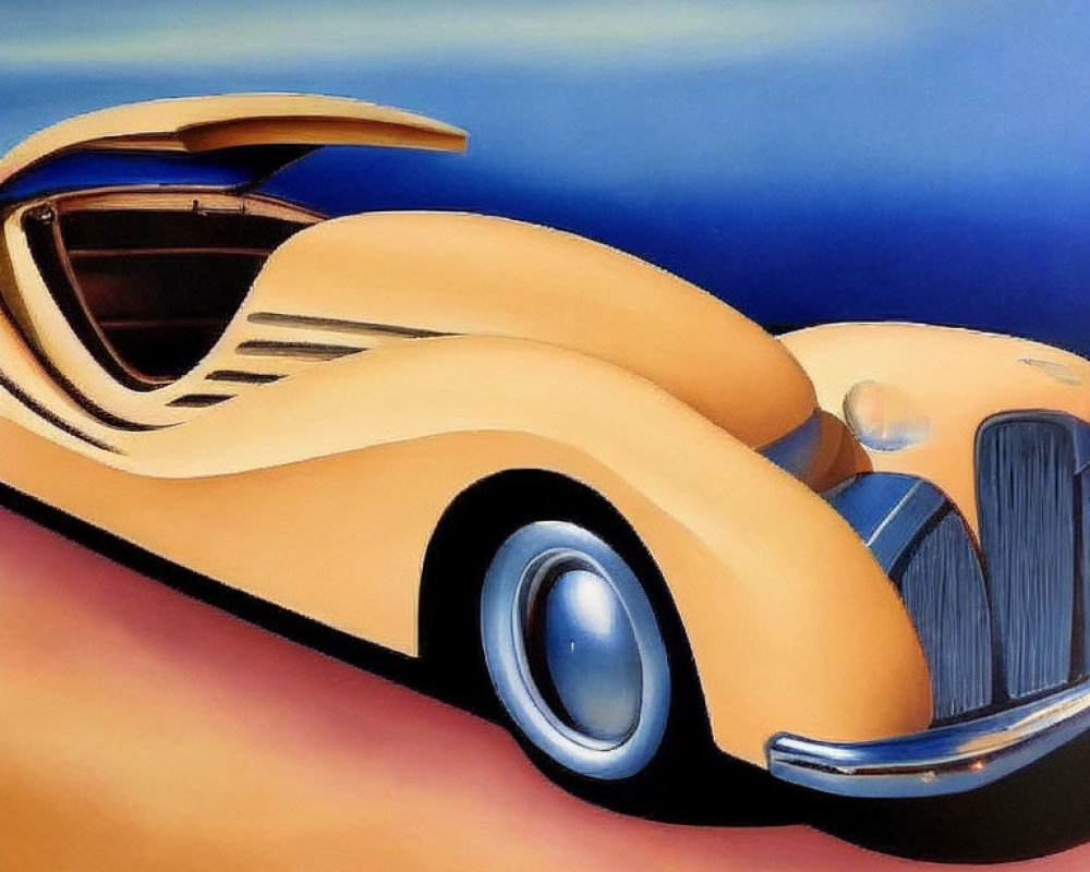 Vintage Car Painting with Open Gull-Wing Door and Bold Colors
