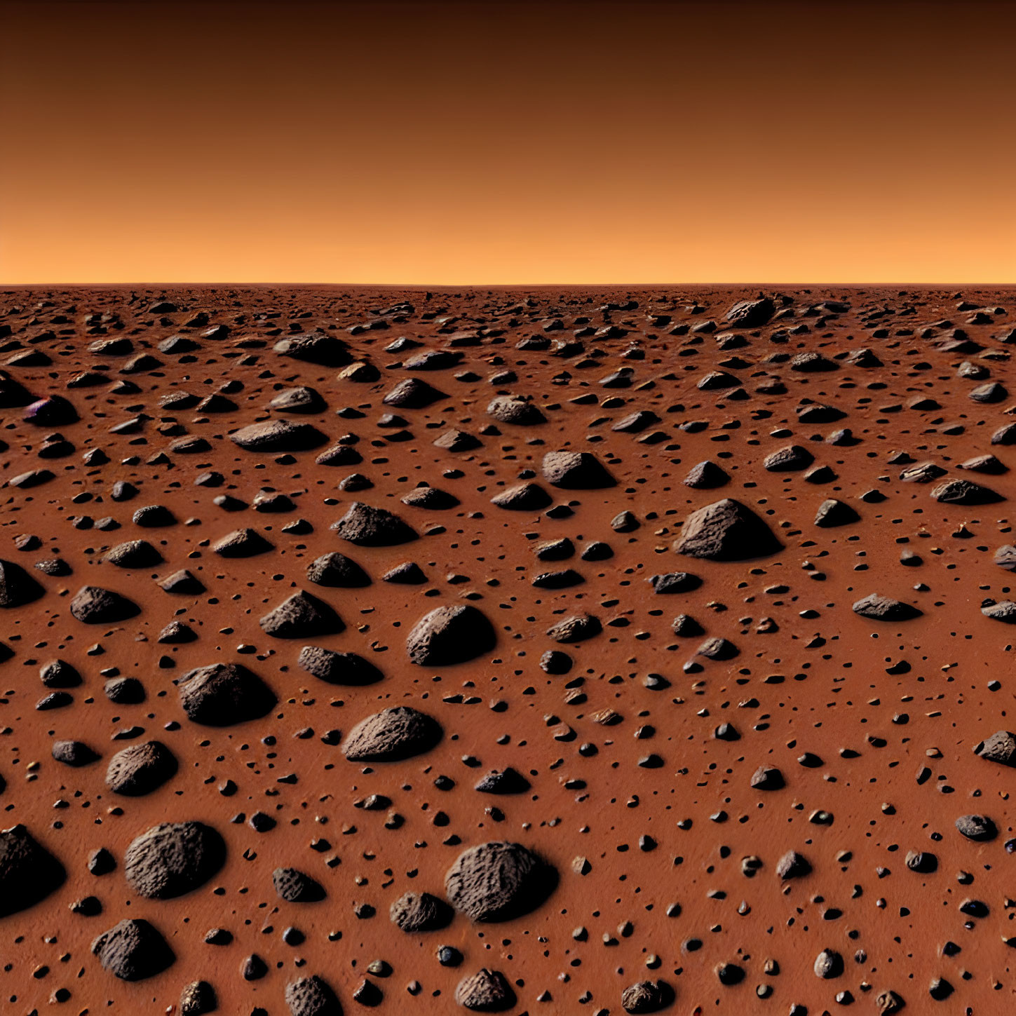 Martian landscape with orange sky and rocky terrain
