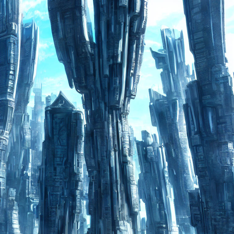 Futuristic cityscape with towering skyscrapers under blue sky