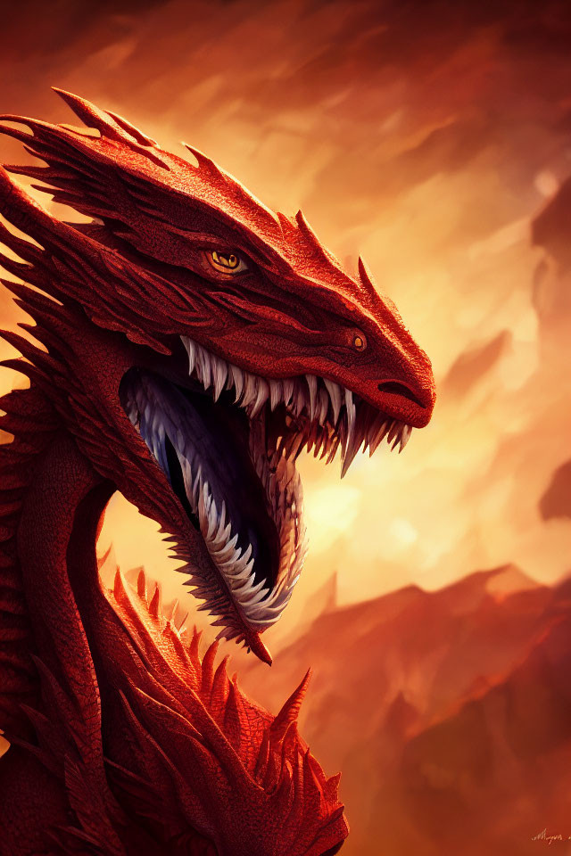 Red Dragon with Large Teeth and Horns in Smoky Sky