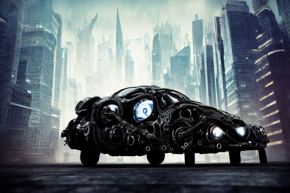 Futuristic black car with intricate mechanical designs in front of foggy cityscape