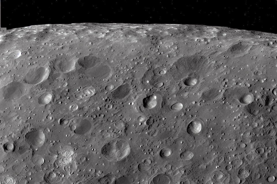 Moon's surface: grayscale image of impact craters and horizon line