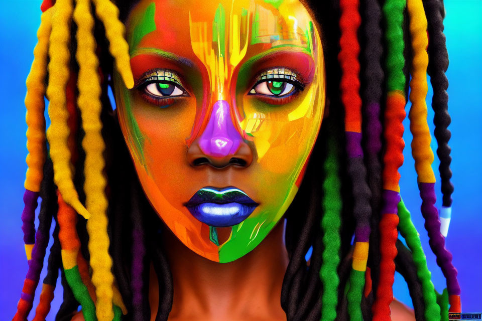 Colorful digital portrait of a person with rainbow dreadlocks and face paint on blue backdrop