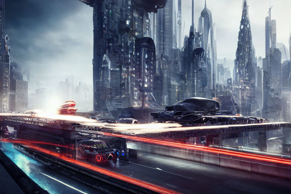 Sleek futuristic cityscape with dynamic lighting and vehicles