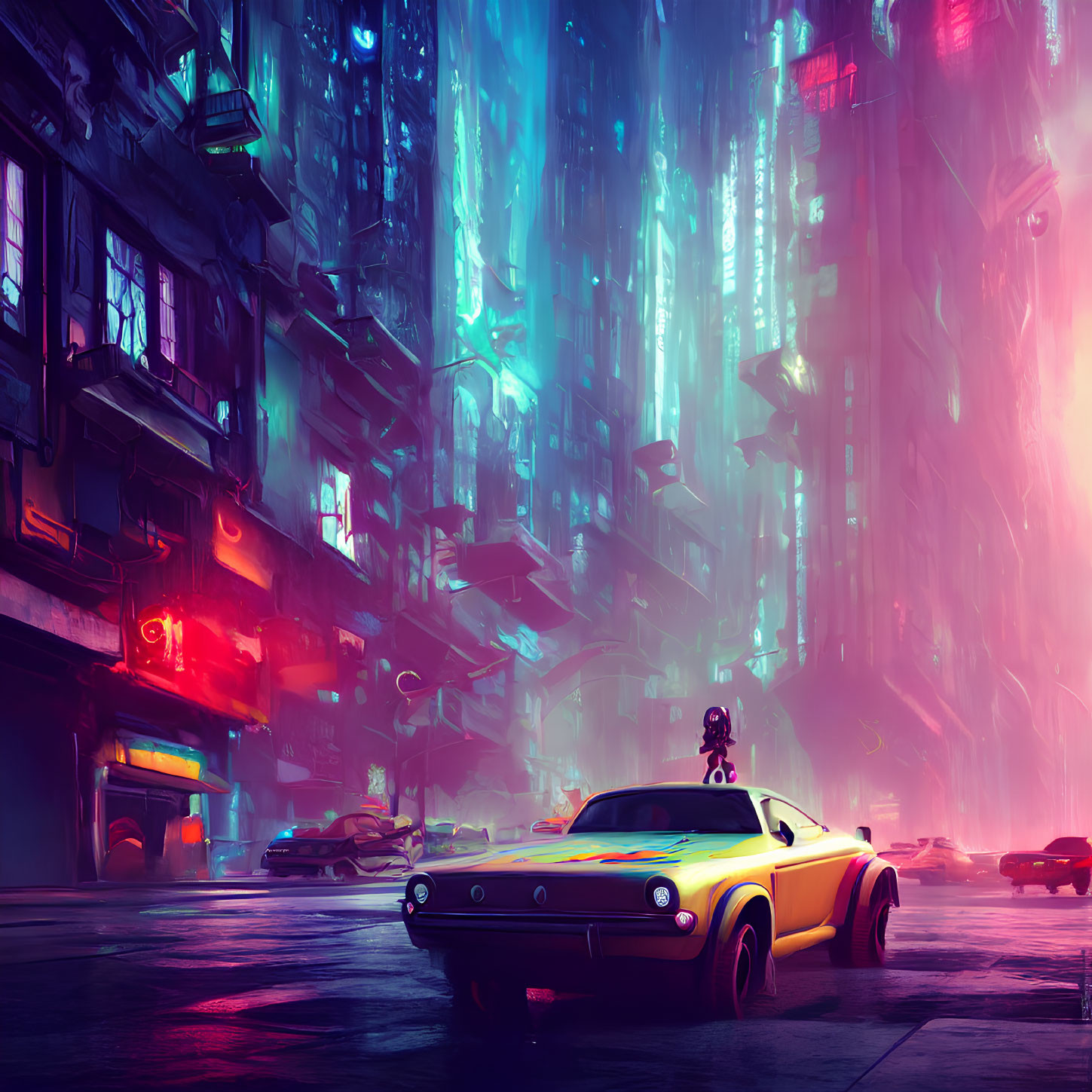 Neon-lit cyberpunk cityscape with classic car and futuristic ambiance