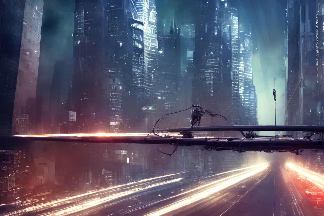 Futuristic cityscape with towering skyscrapers and person on high beam at twilight