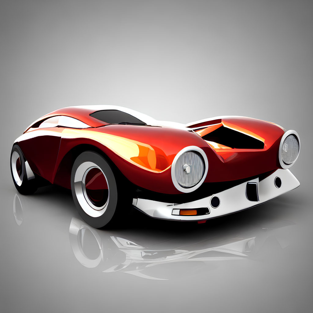 Red Futuristic Sports Car with Oversized Headlights on Reflective Grey Surface