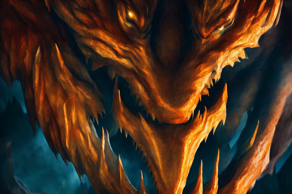 Fiery orange dragon with glowing eyes and sharp scales