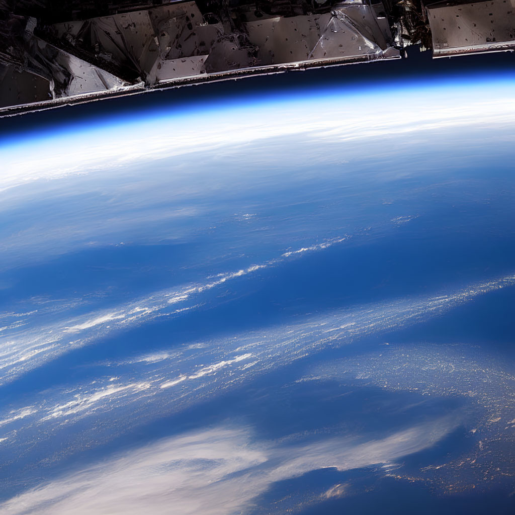 Earth from space with spacecraft segment and curved horizon.