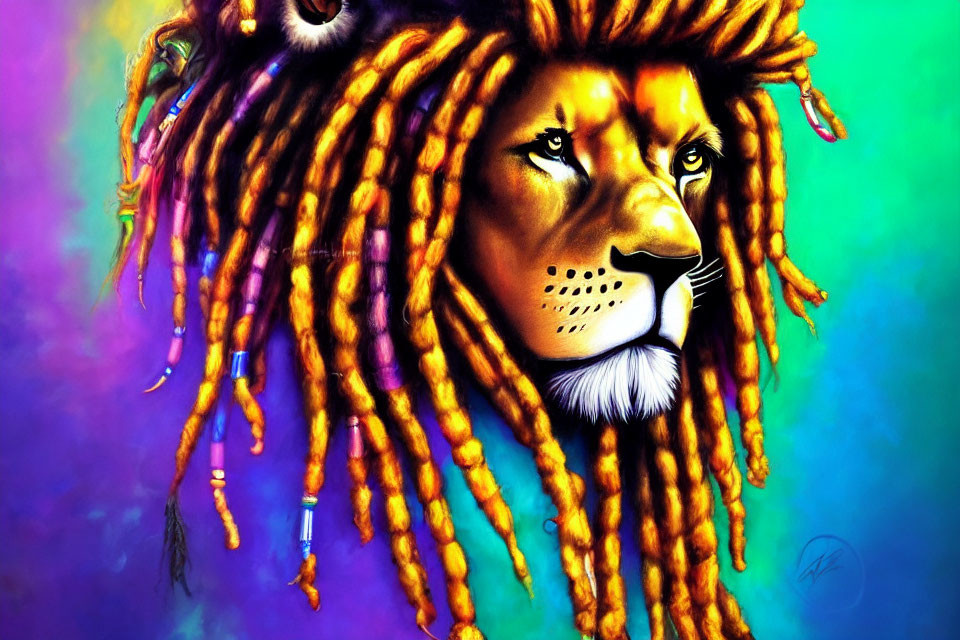Colorful Lion Illustration with Reggae-Inspired Mane and Abstract Background