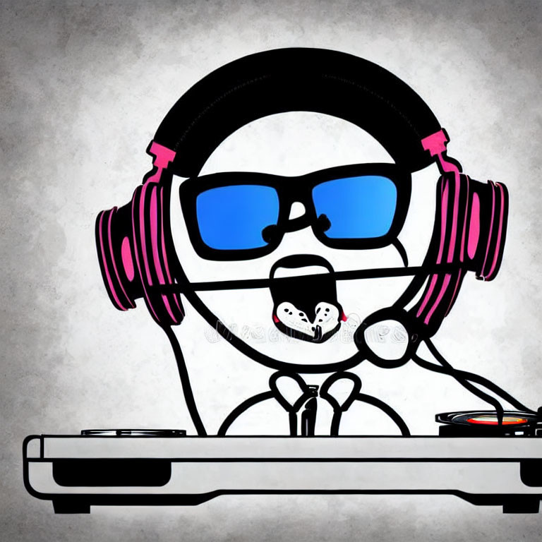 Stylized DJ dog in sunglasses and headphones mixing tracks