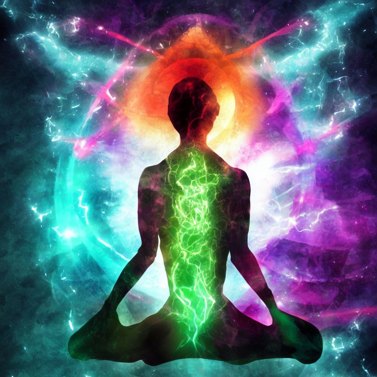 Silhouetted Figure Meditating with Colorful Nebula Patterns