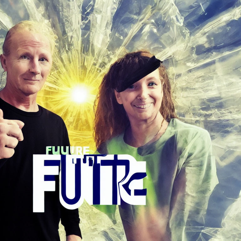 Smiling duo on ice-crystal backdrop with "FUTURE" text