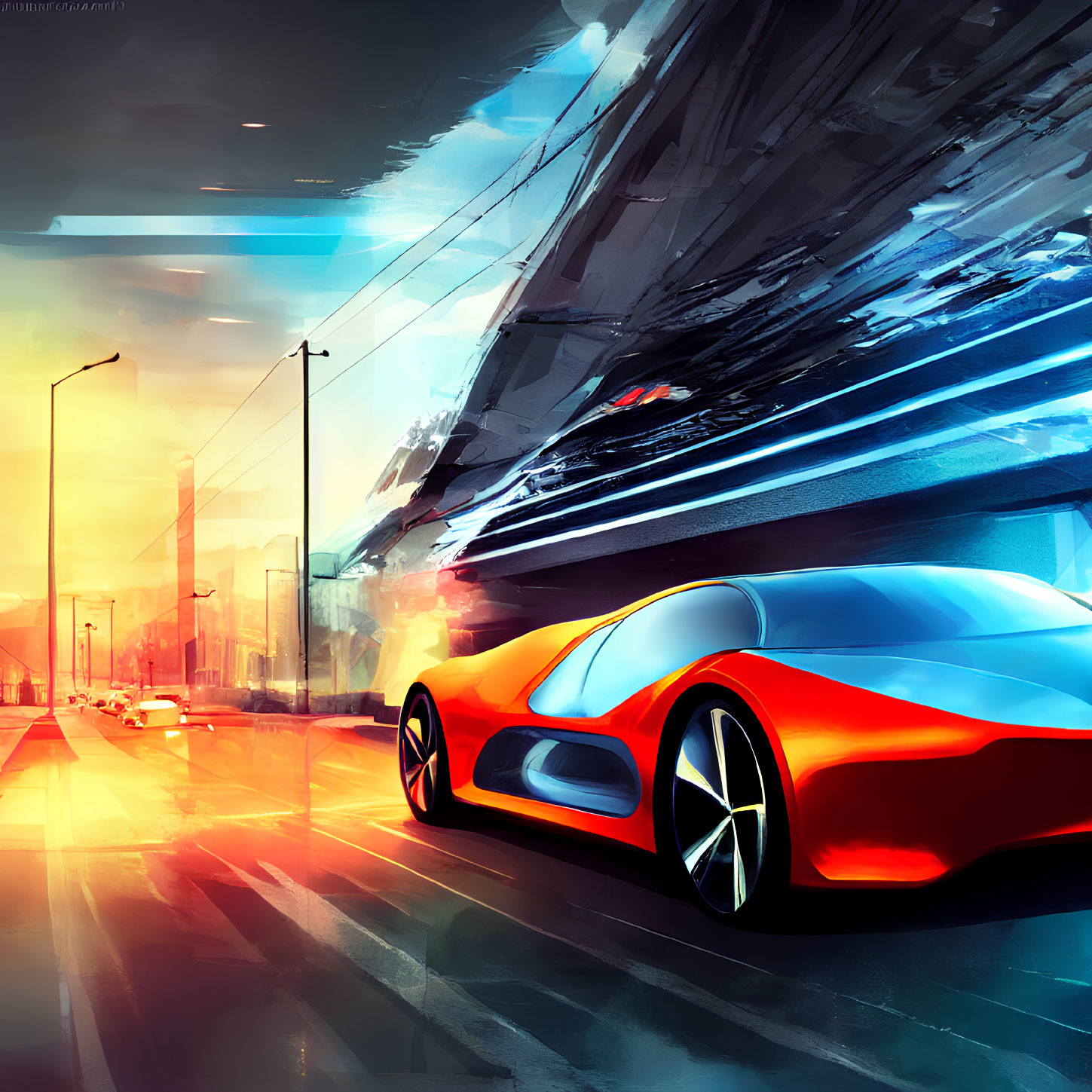 Futuristic red sports car speeding in stylized cityscape