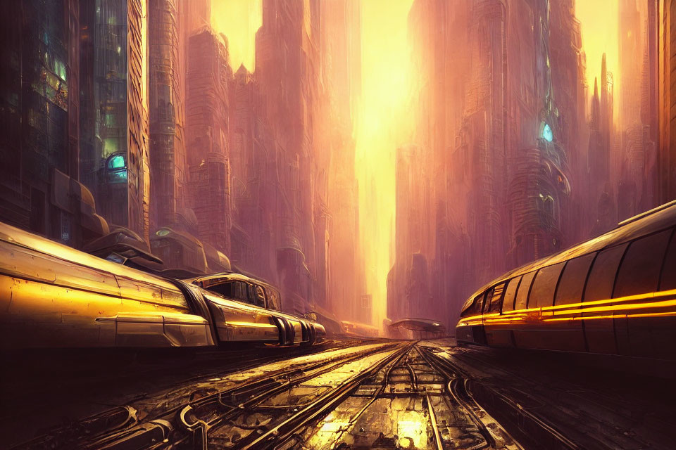 Golden-lit futuristic cityscape with towering skyscrapers and sleek trains.