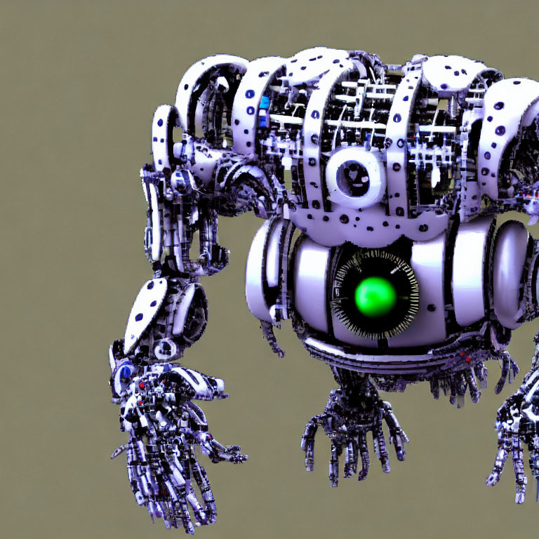 Detailed 3D Rendering of Complex Robot with Central Green Eye
