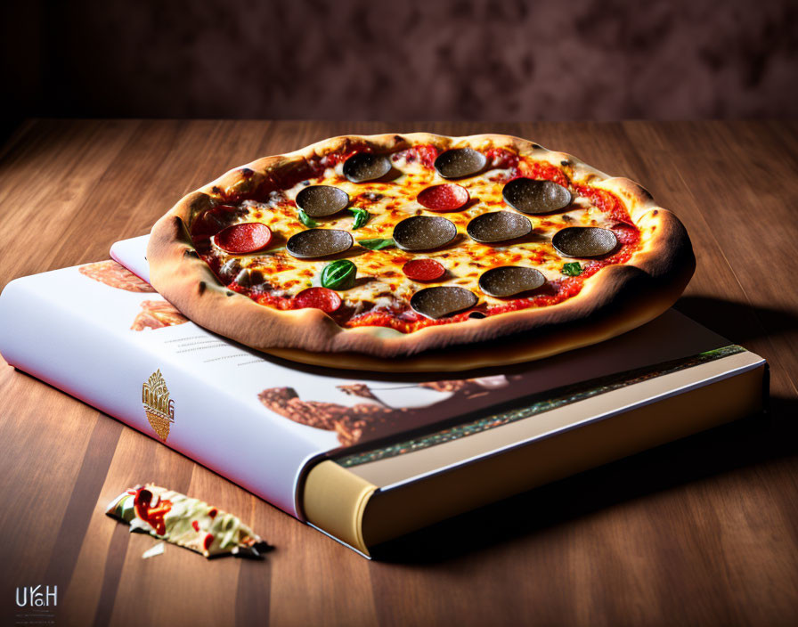 Pepperoni pizza on books with missing slice, wooden table background