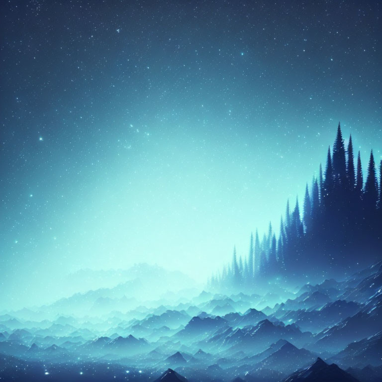 Starry nightscape with silhouetted pine trees and blue mountain ranges