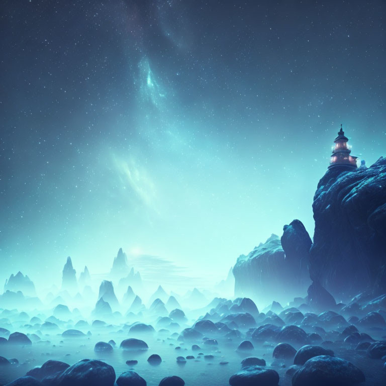 Starry nightscape with lighthouse on cliff overlooking misty rocks