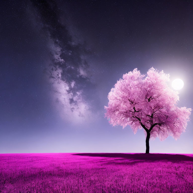 Cherry Blossom Tree in Surreal Purple Landscape with Moonlit Sky