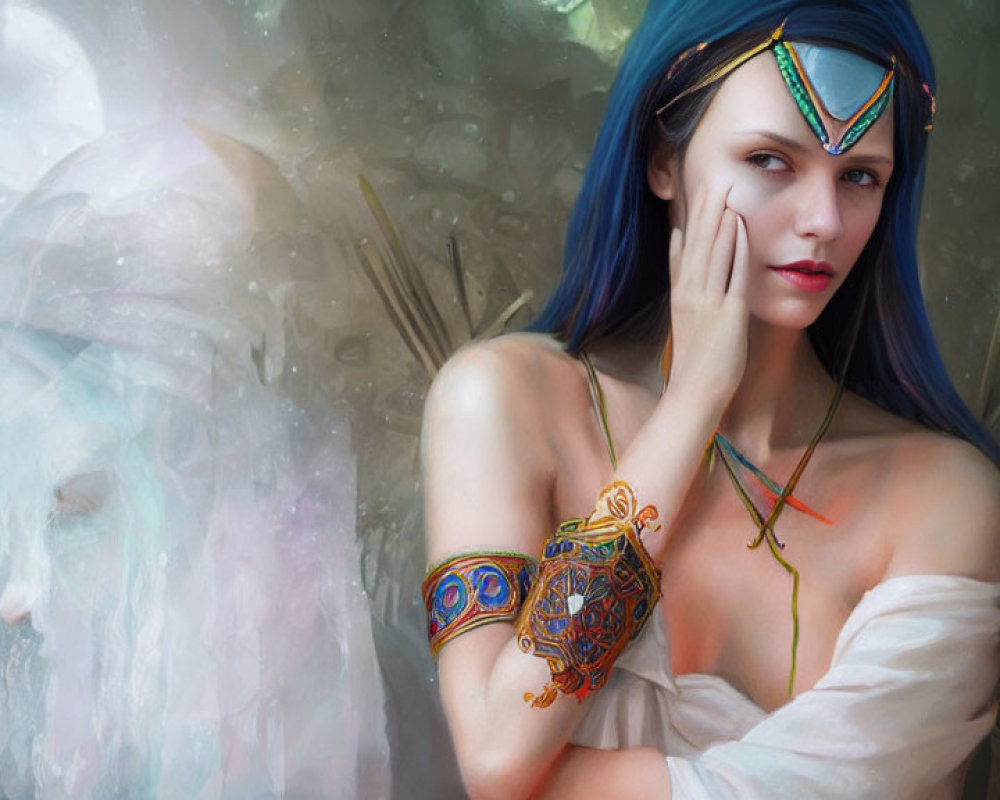 Digital artwork: Woman with Blue Hair and Jewelry in Mystical Theme