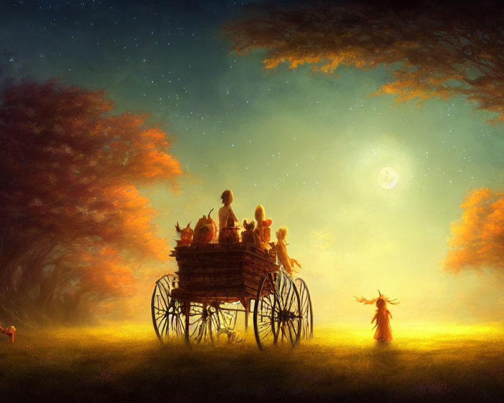 Children on wooden cart pulled by chickens under moonlit sky and autumn trees