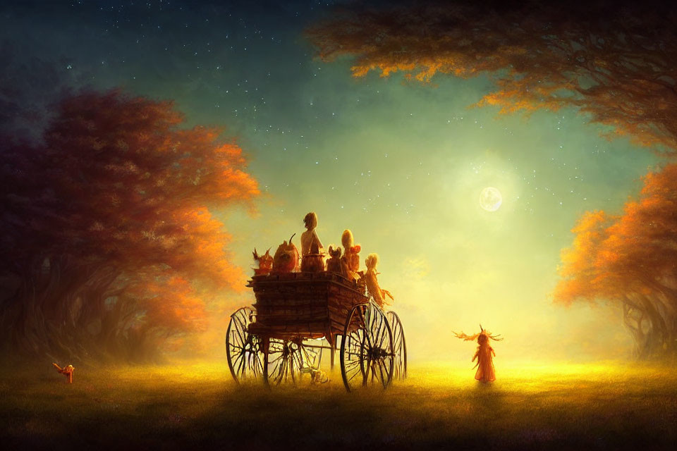 Children on wooden cart pulled by chickens under moonlit sky and autumn trees