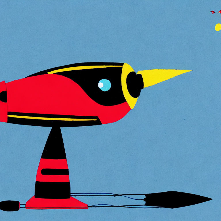 Stylized red and black spaceship with yellow tip on blue background