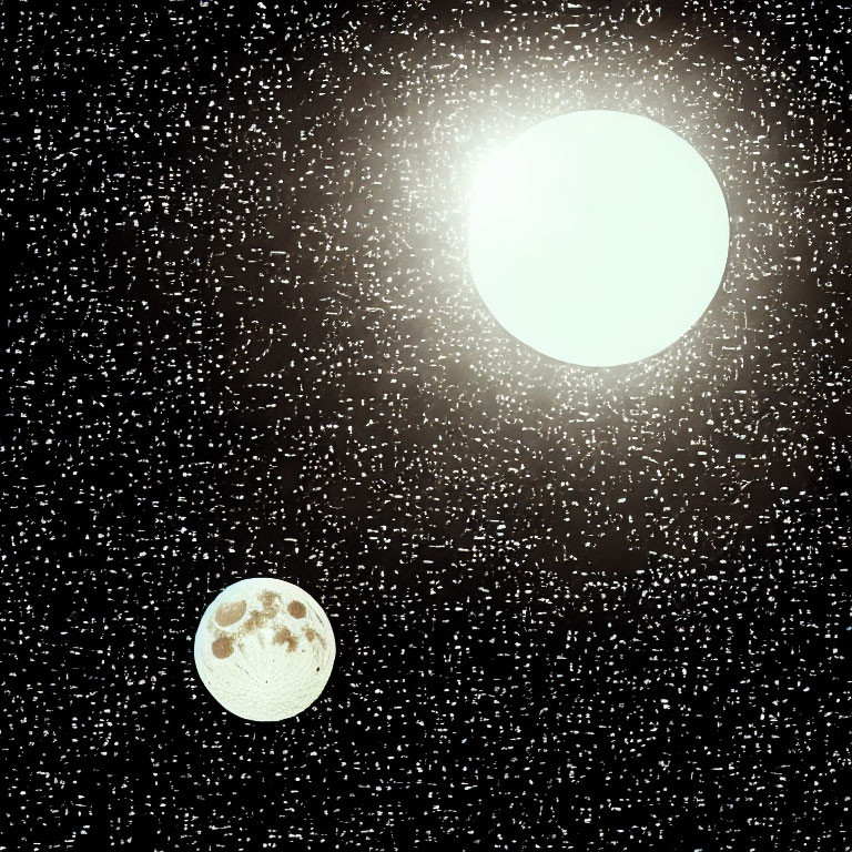 Bright Sun-Like Star and Crater-Covered Moon in Star-Filled Cosmos