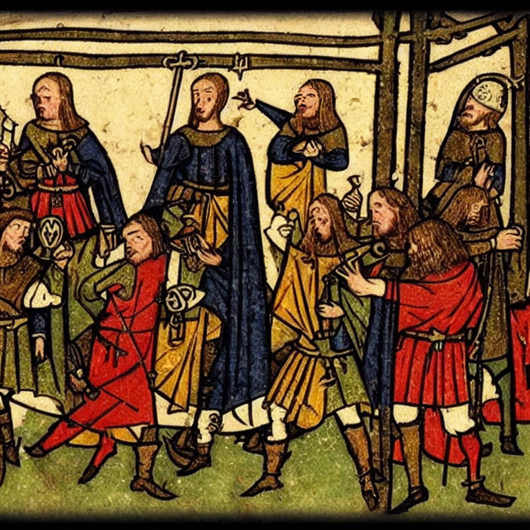 Medieval illustration of men in period clothing with swords and crowns