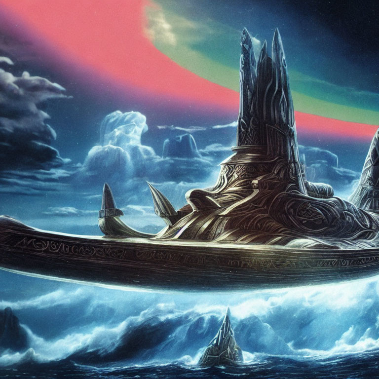 Fantasy-style ship sailing under vibrant sunset sky