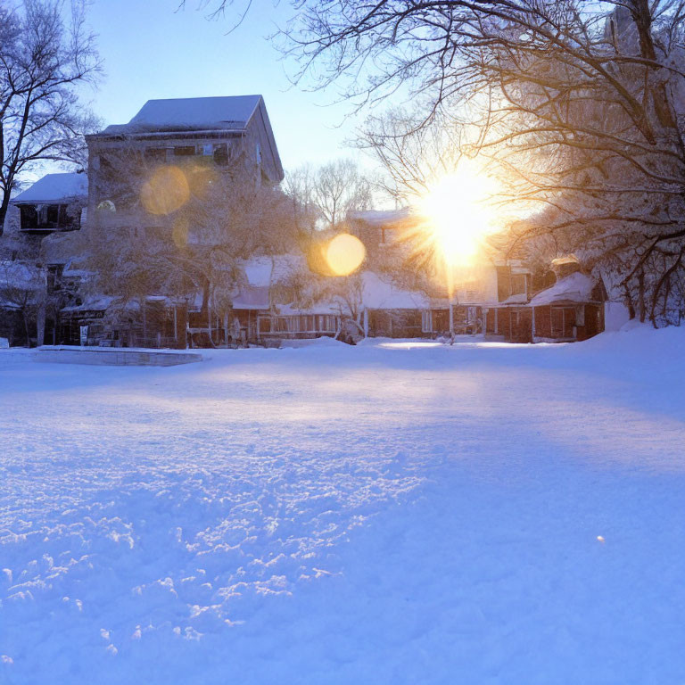Snow-covered landscape at sunset with trees and buildings in serene winter scene