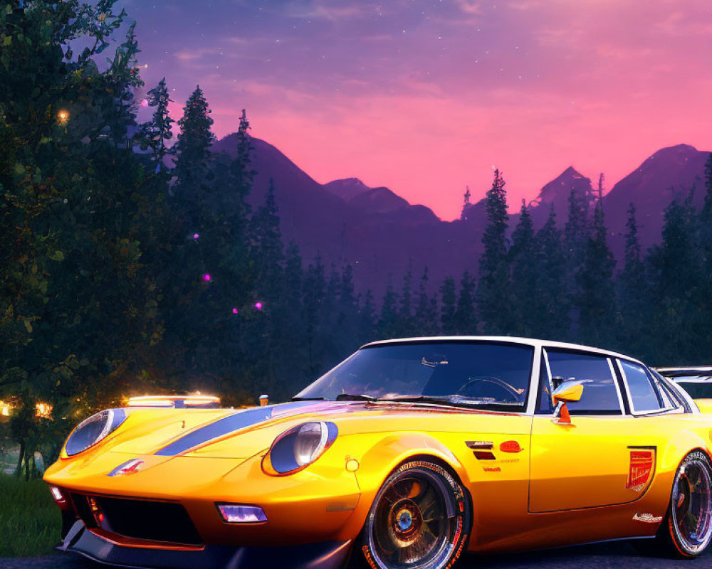 Yellow Sports Car Parked in Mountain Sunset Scene