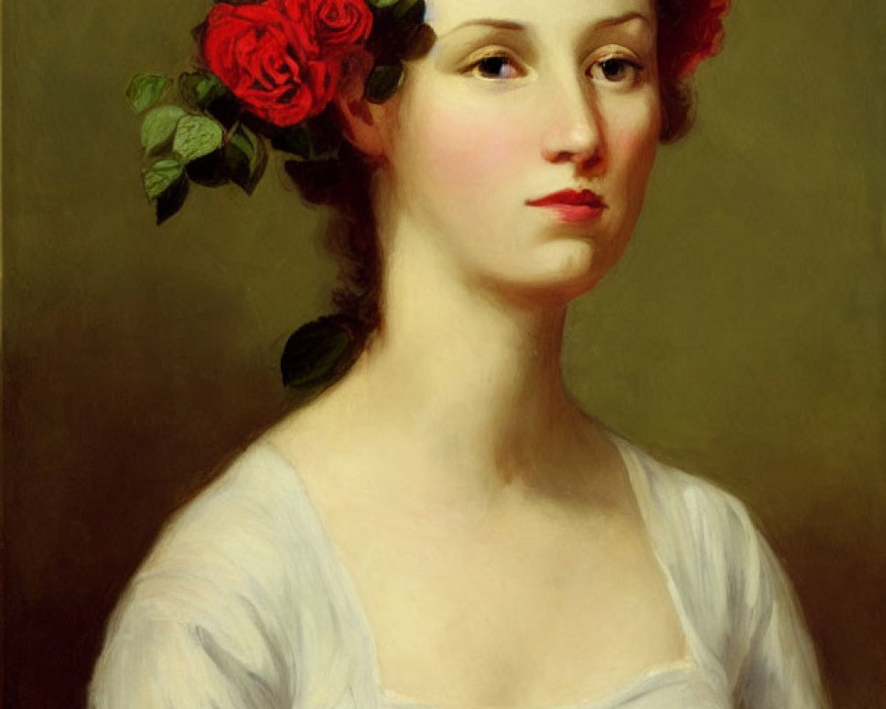 Portrait of woman with red roses in hair and bouquet, wearing white dress.