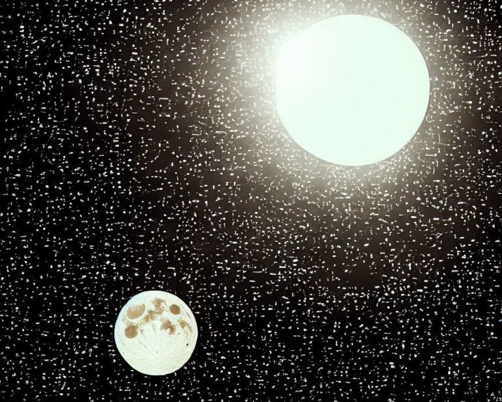 Bright Sun-Like Star and Crater-Covered Moon in Star-Filled Cosmos