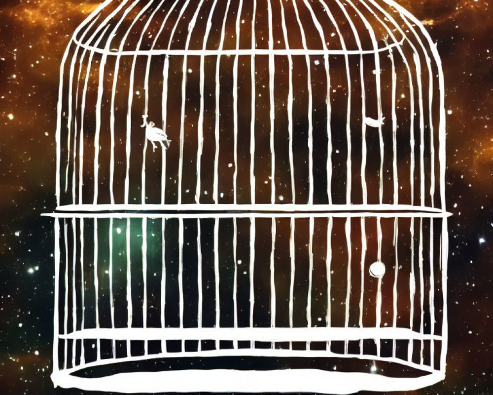 Hand-drawn birdcage on cosmic backdrop with stars and warm hues