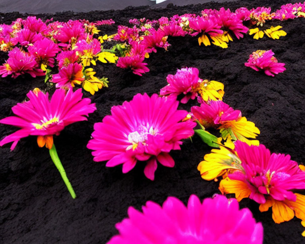 Colorful flowers bloom on volcanic soil with smoking volcano in background