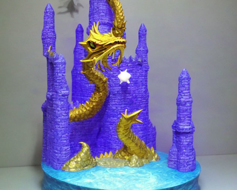 Vibrant Purple and Gold Dragon Sculpture at Towering Castle