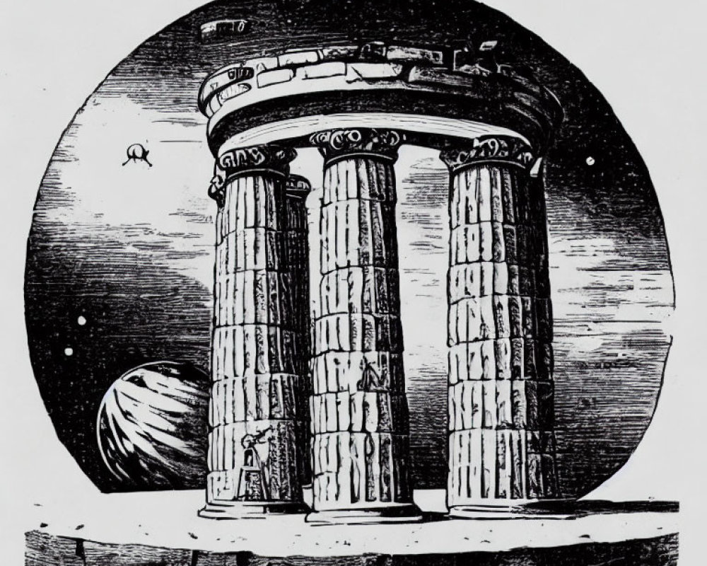 Monochrome illustration of ancient columned structure with planet and stars in circular frame