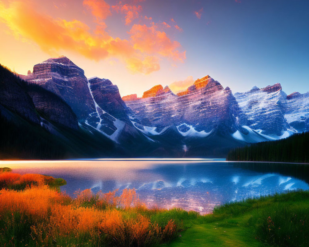 Tranquil lake at sunset with snowy mountains and orange flora