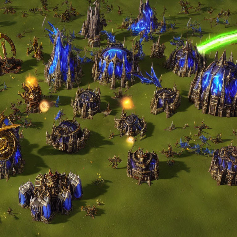 Medieval-style fantasy game landscape with burning structures and mystical blue energy towers.