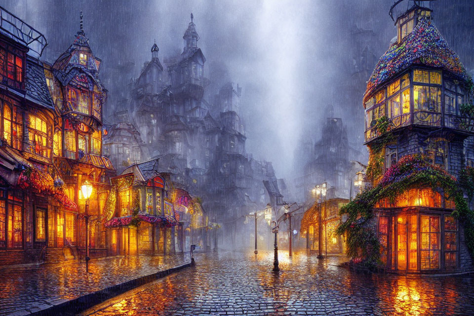 Rainy cobblestone street with illuminated buildings and lush plants