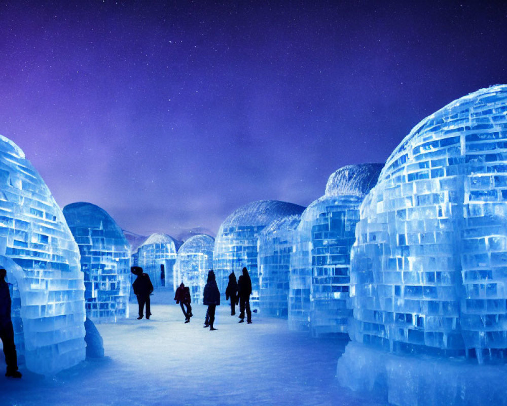 Illuminated ice village under starlit sky