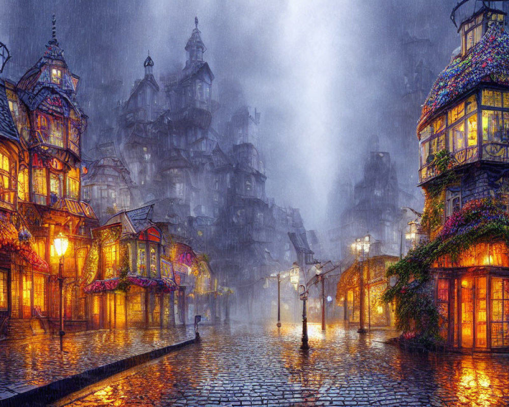 Rainy cobblestone street with illuminated buildings and lush plants
