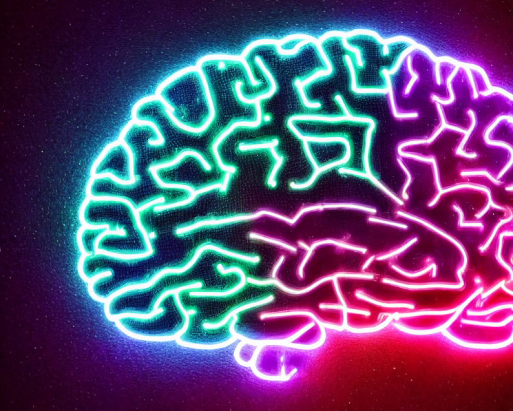 Colorful Human Brain Illustration with Neon Lighting on Dark Background