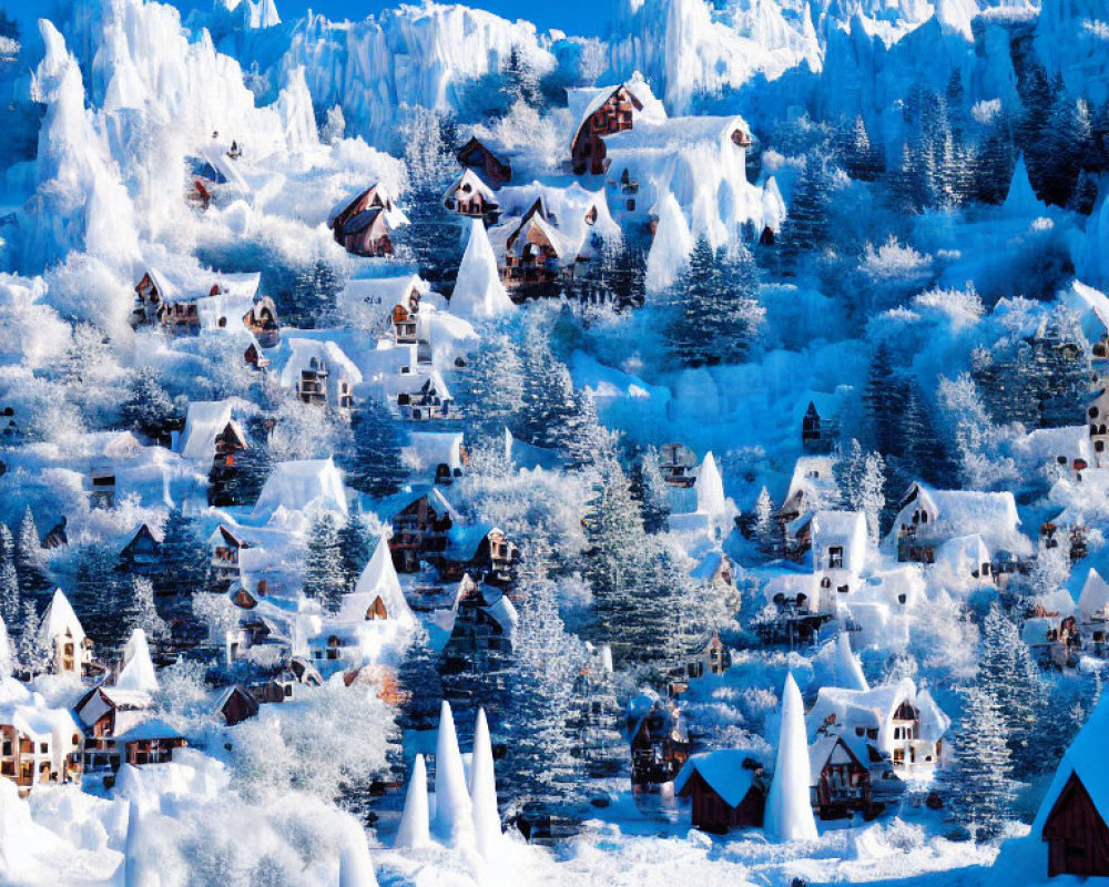 Snow-covered winter village with chalet-style houses and frost-covered trees.