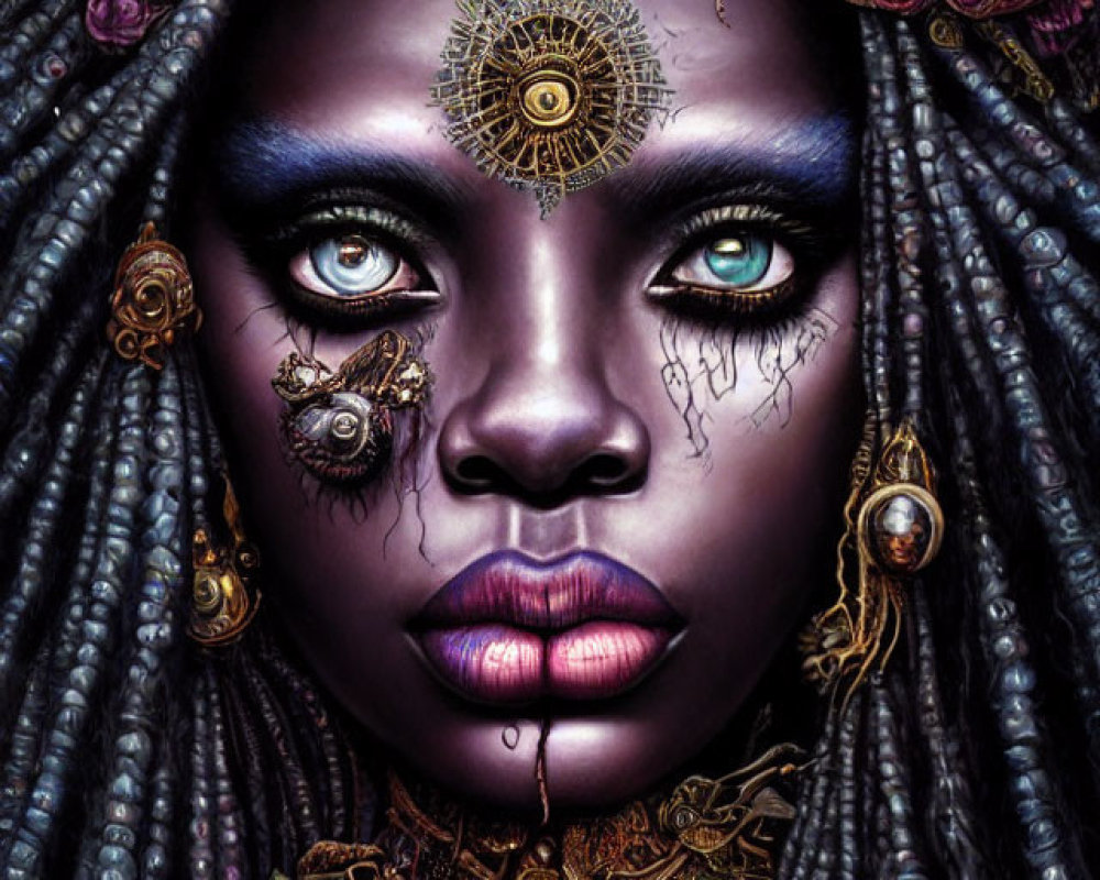 Detailed Portrait of Woman with Blue Eyes and Steampunk Elements
