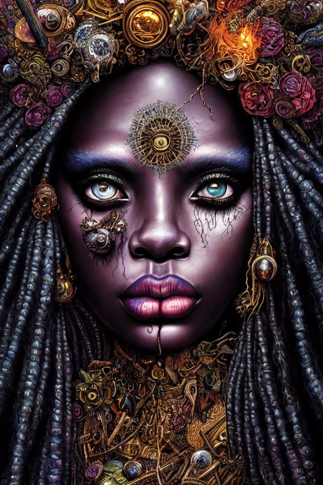 Detailed Portrait of Woman with Blue Eyes and Steampunk Elements