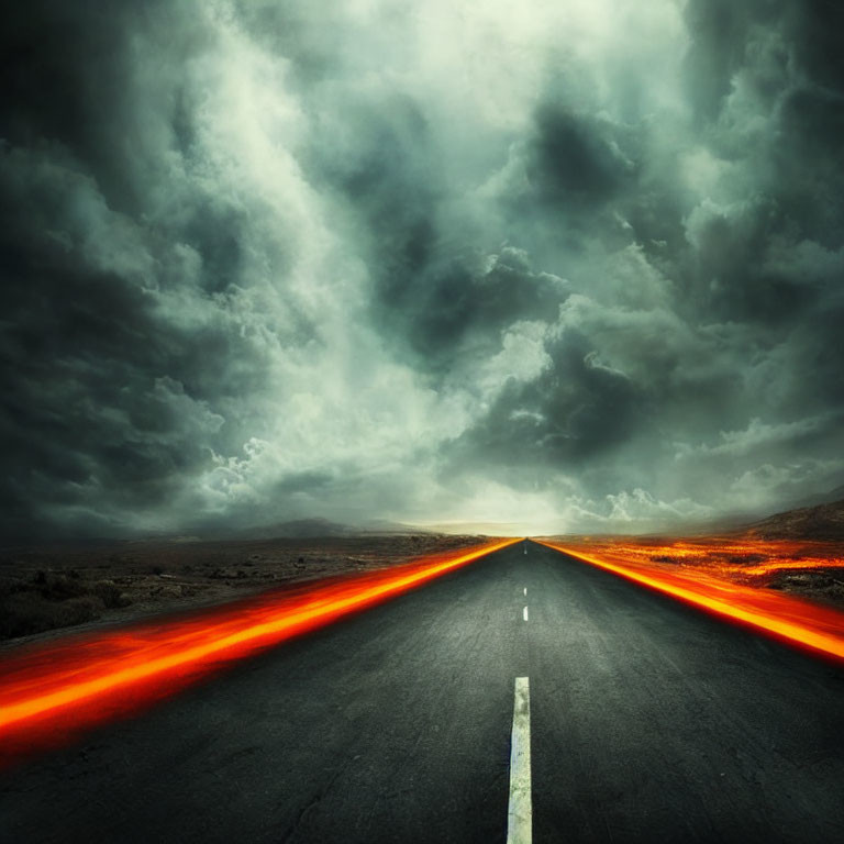 Desolate highway under tempestuous sky with glowing red light